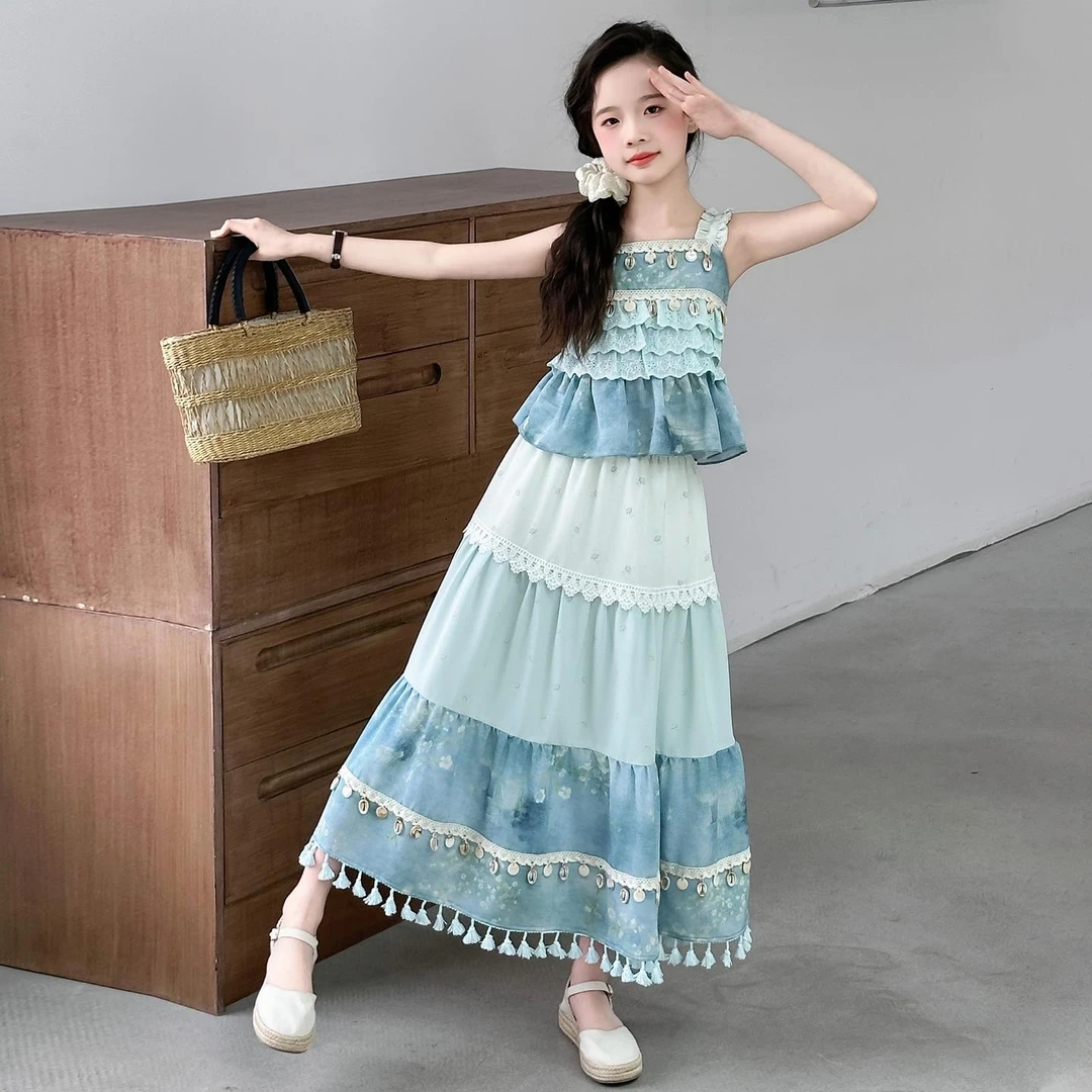 范哲萨女童套装夏季新款儿童无袖吊带洋气女孩波西米亚蛋糕裙两件