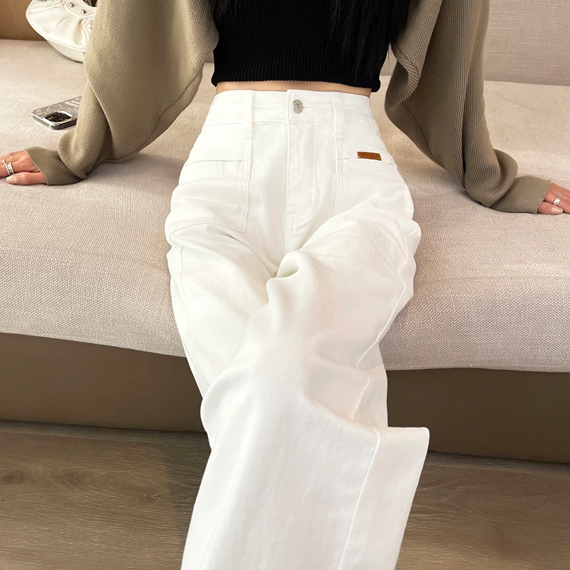 白色窄版阔腿牛仔裤女2025秋季新款高腰显瘦百搭直筒休闲拖地裤子
