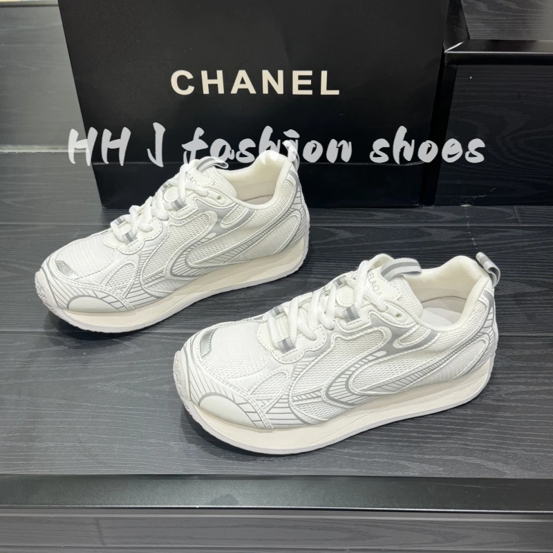 夏季新款老爹鞋女2025真皮网面透气休闲运动鞋网红女士时尚阿甘鞋