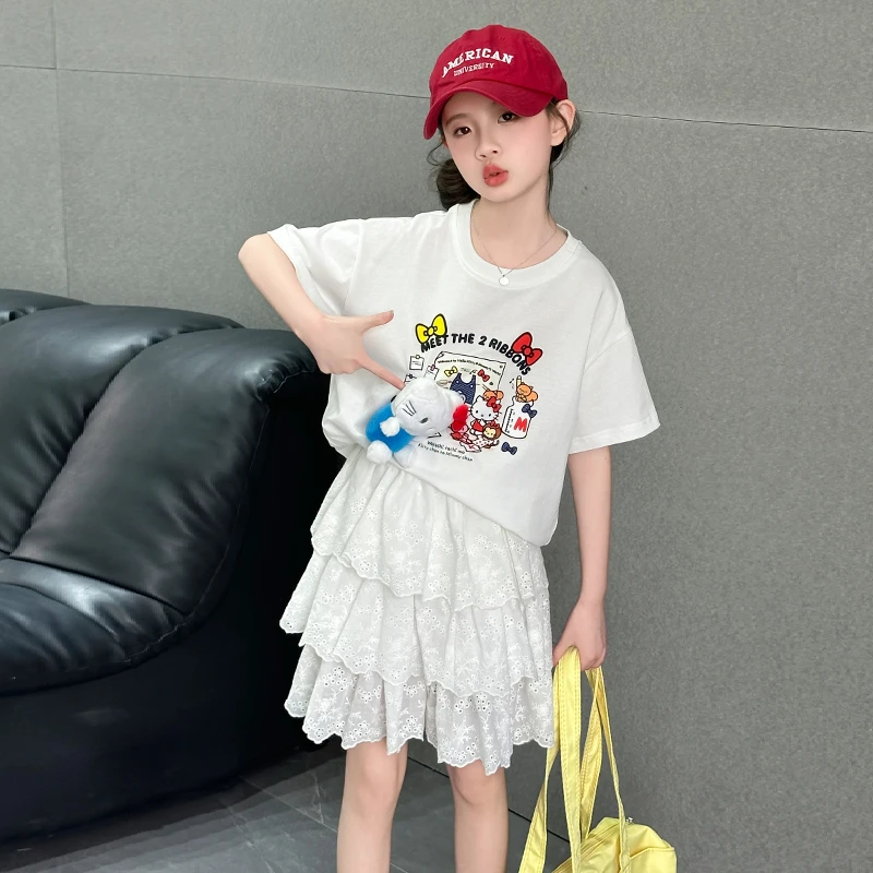 女童夏装2025新款洋气时髦儿童套装裙子夏季大童短袖半身裙蛋糕裙