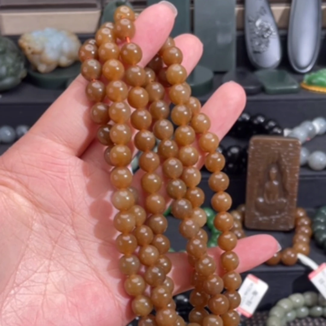 和田玉新疆且末金山矿老红糖卡8圆珠108