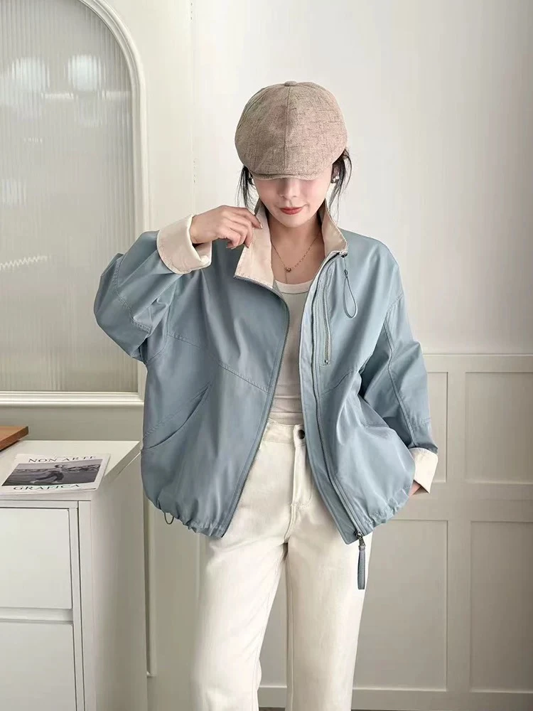 2513 春新款韩版宽松短款立领冲锋衣外套女拼色爆款双拉链上衣潮