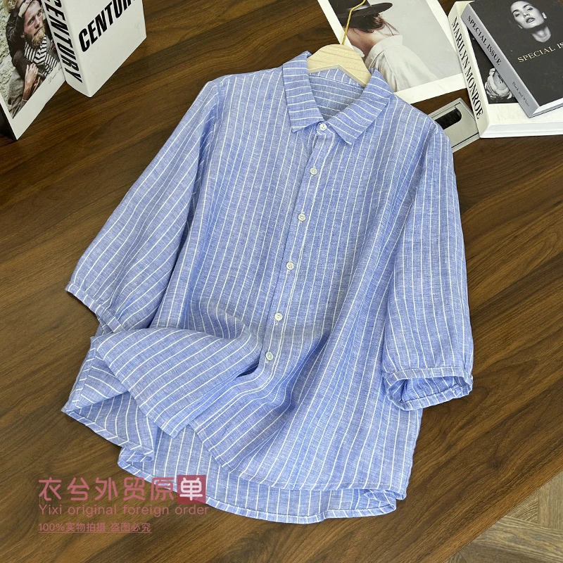 (竖条纹亚麻衬衫)895春夏简约百搭休闲七分袖薄款衬衫外套W