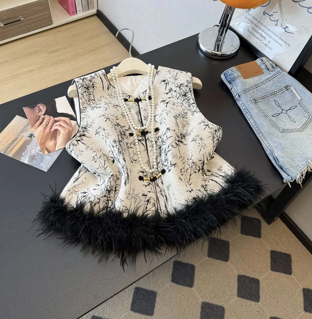 【加棉加厚+毛毛可拆卸】新中式水墨画刺绣提花拼接鸵鸟毛马甲