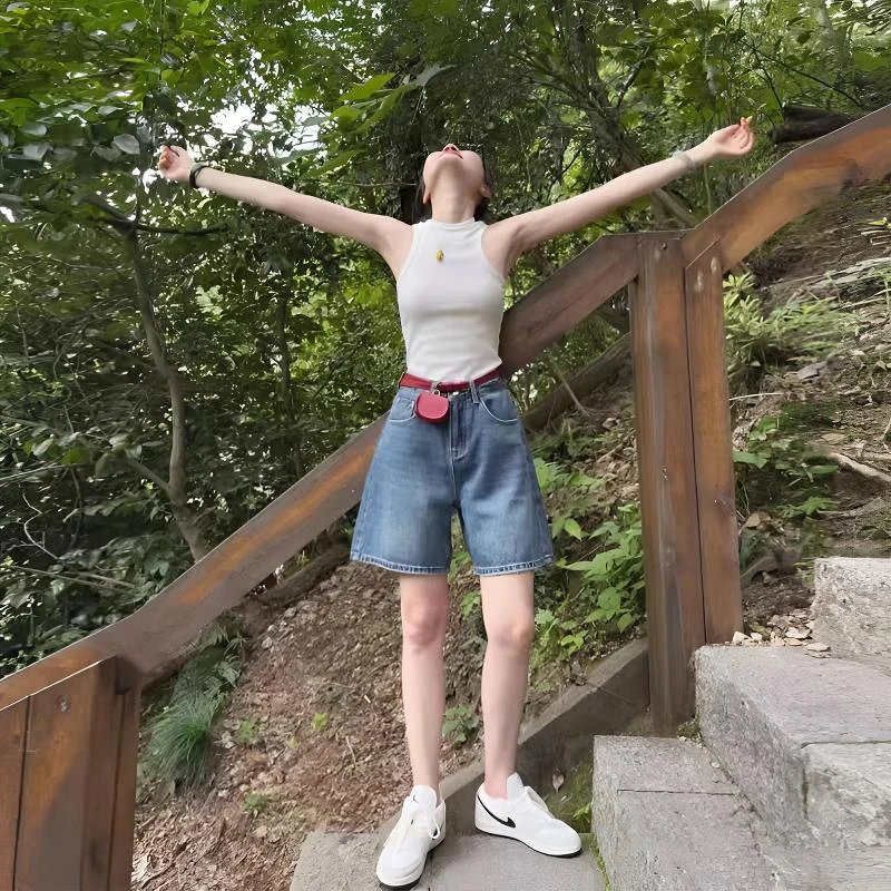 复古五分牛仔短裤女2025夏新款小个子高腰直筒显瘦阔腿5分A字中裤