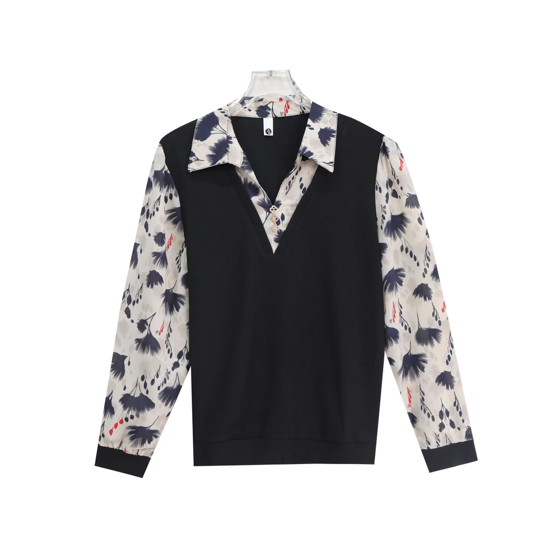 翻领拼接假两件通勤减龄宽松垂感洋气衬衫S4656