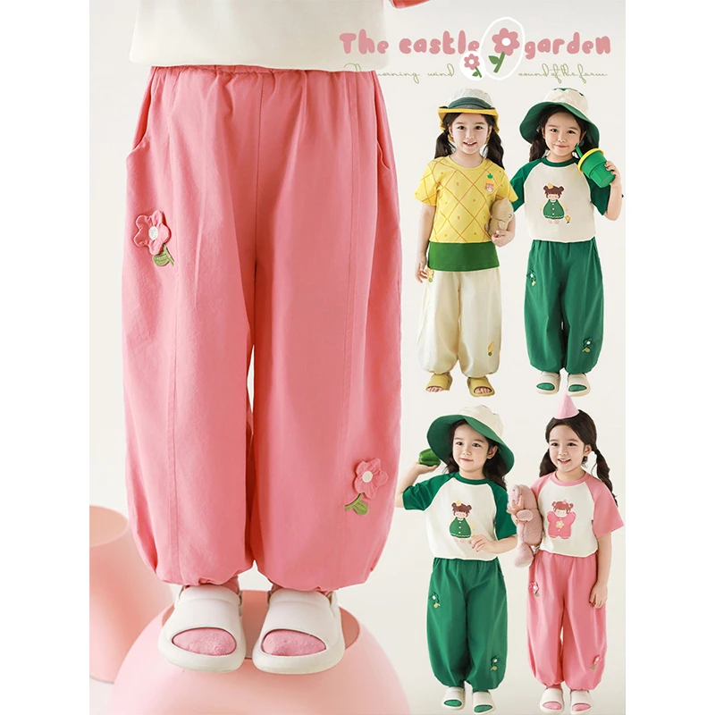 幼悠女童夏季花朵贴布防蚊裤小女孩休闲裤子儿童森系服装潮X4832