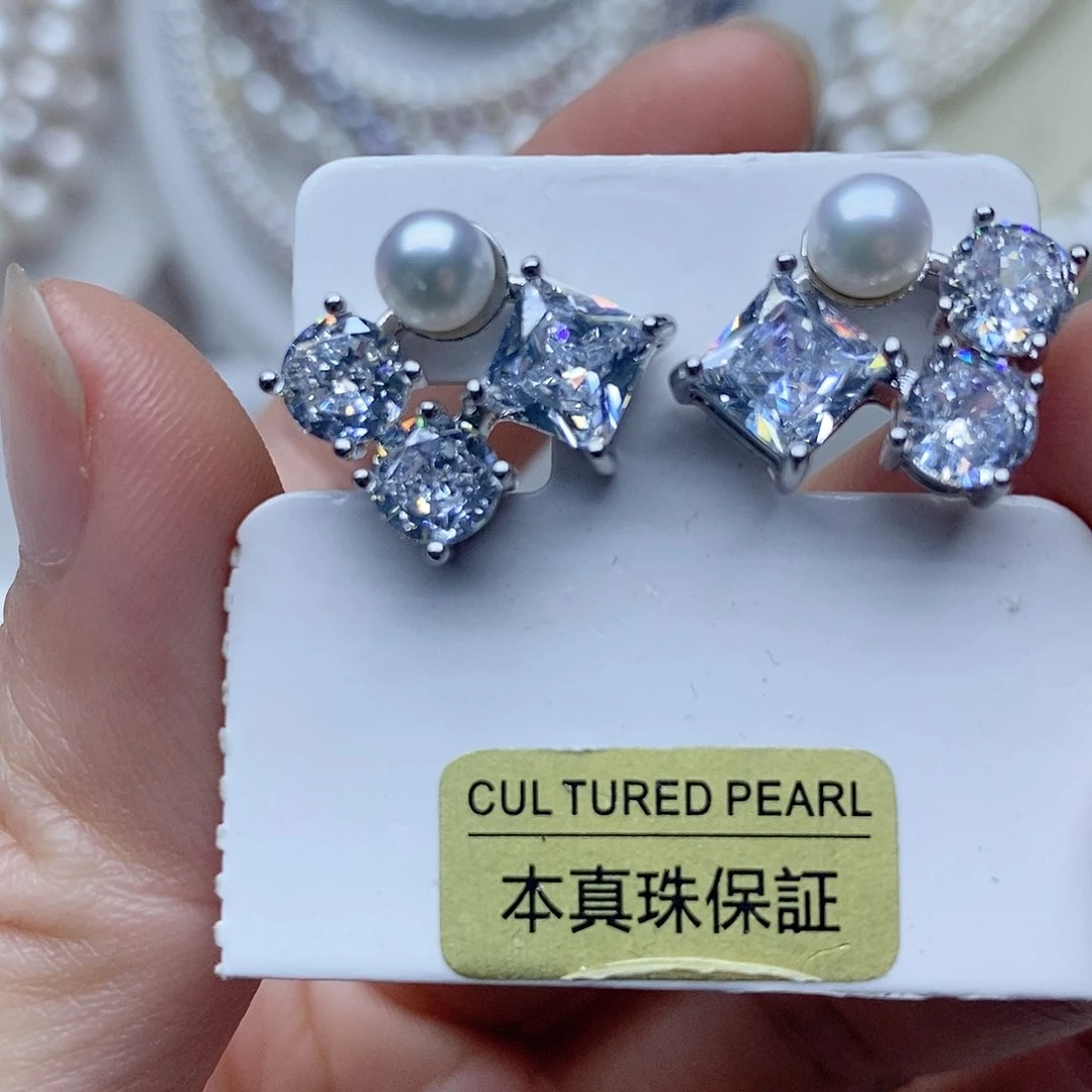 银S925镶嵌耳钉淡水珍珠
