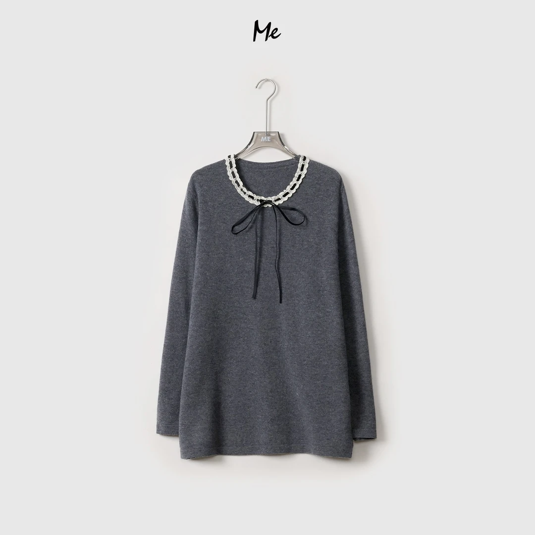 ME【MM花边系带毛衣】100绵羊毛蕾丝丝绒花边百搭针织毛衣MEQA4084