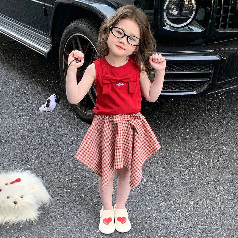 女小童夏装格子短裙子套装2025新款时尚小女孩洋气宝宝背心两件套