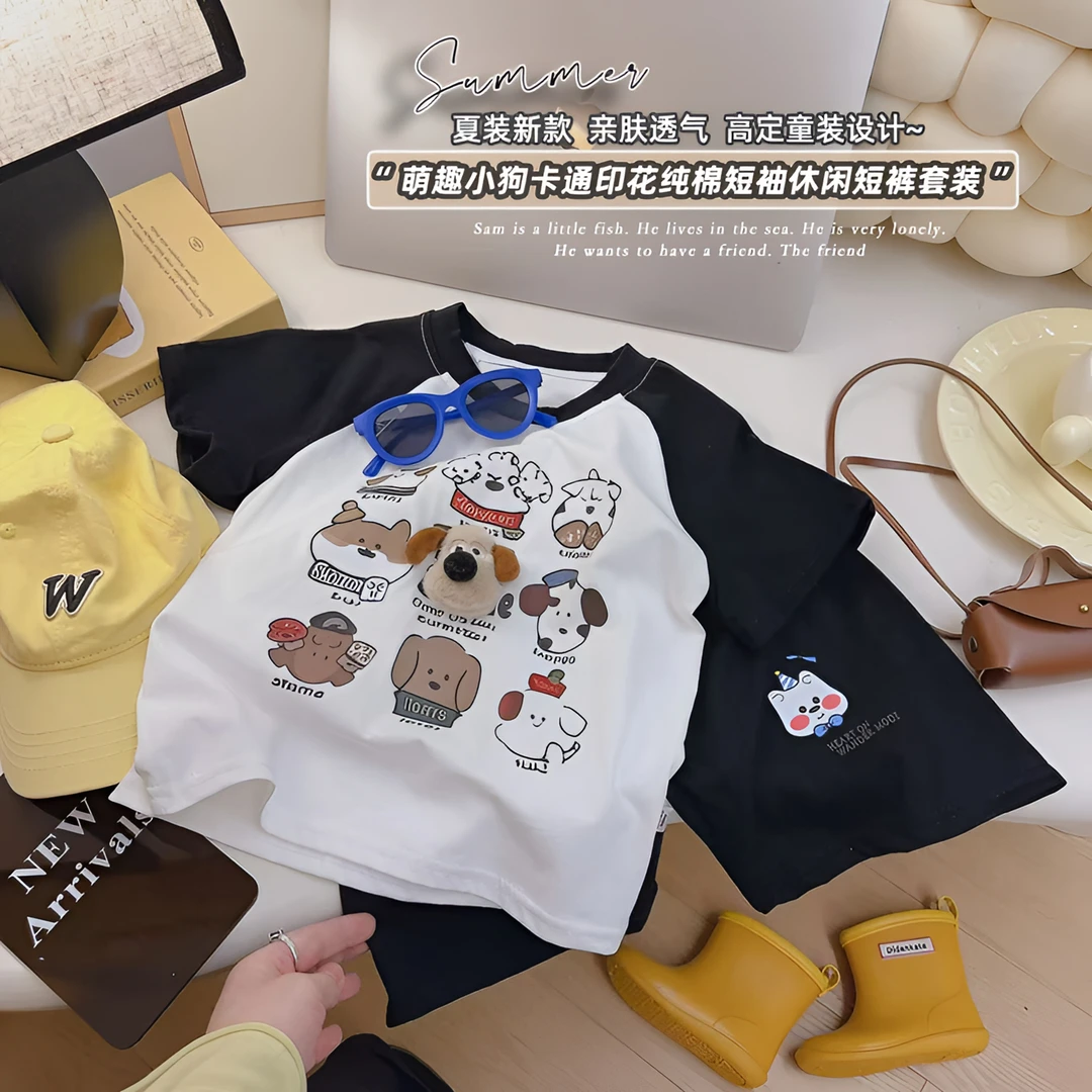 【100%棉】2025年儿童夏季卡通纯棉洋气宽松短袖短裤两件套