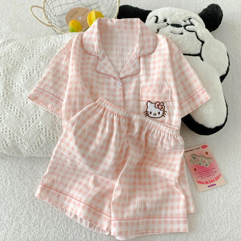 中大童开衫翻领亲子装夏季款儿童新款睡衣短袖短裤母女家居服套装