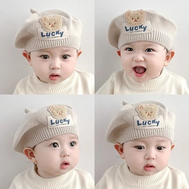 婴儿帽子秋冬针织帽婴幼儿毛线帽儿童画家帽春秋款女宝宝贝雷帽TZ