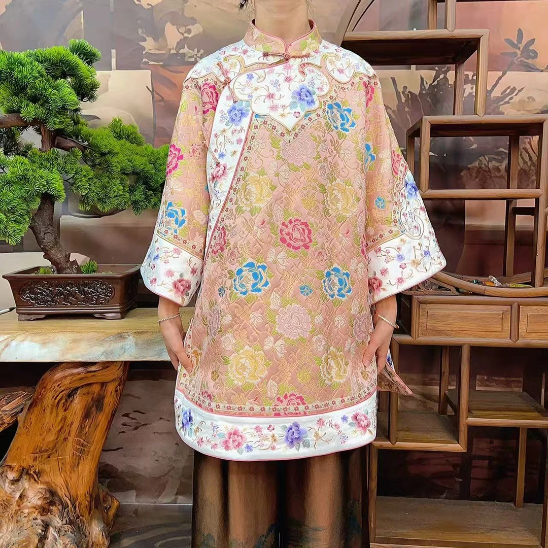 70姆米重缎粉色玫瑰妆花云锦手推绣富婆衫100桑蚕丝香云纱