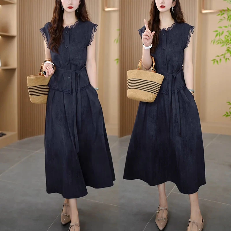 2025夏季新款时尚休闲套装裙女气质显瘦蕾丝拼接上衣半身裙两件套