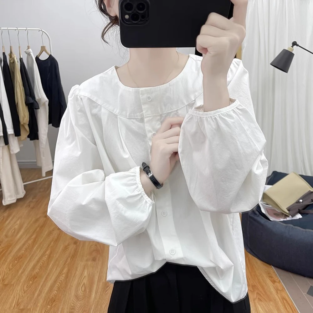 春秋宽松小立领灯笼长袖薄款洋气时尚休闲百搭纯棉衬衫百搭休闲女