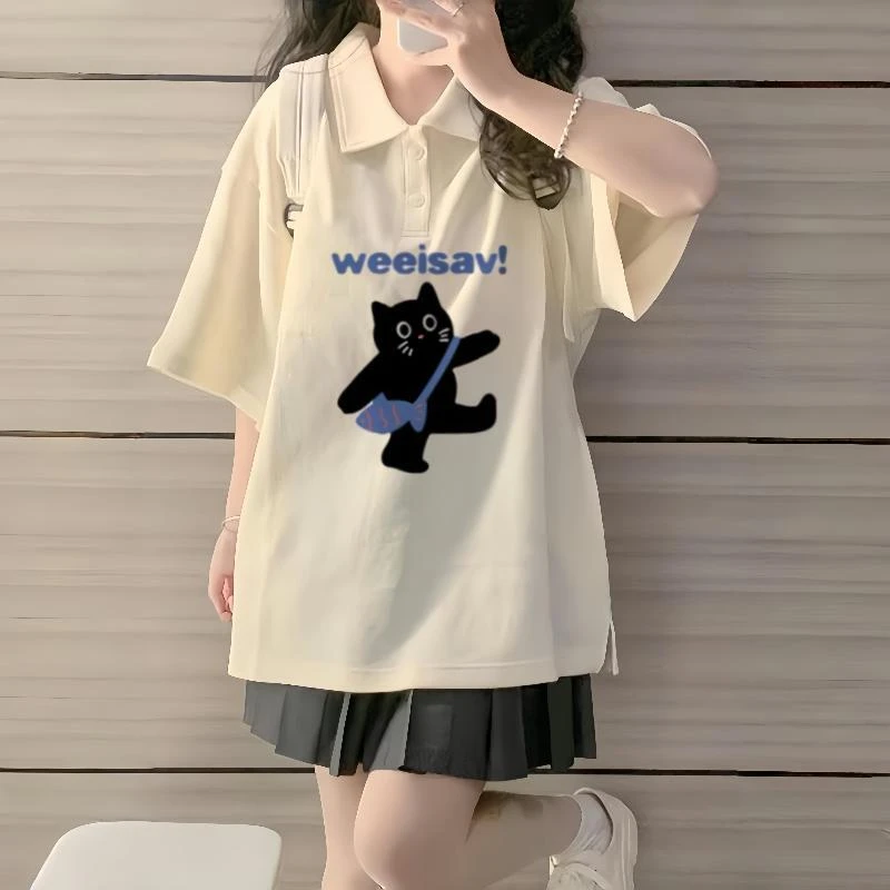 卡通中大童纯棉polo领短袖t恤夏季新款上衣女童百褶短裙两件套装