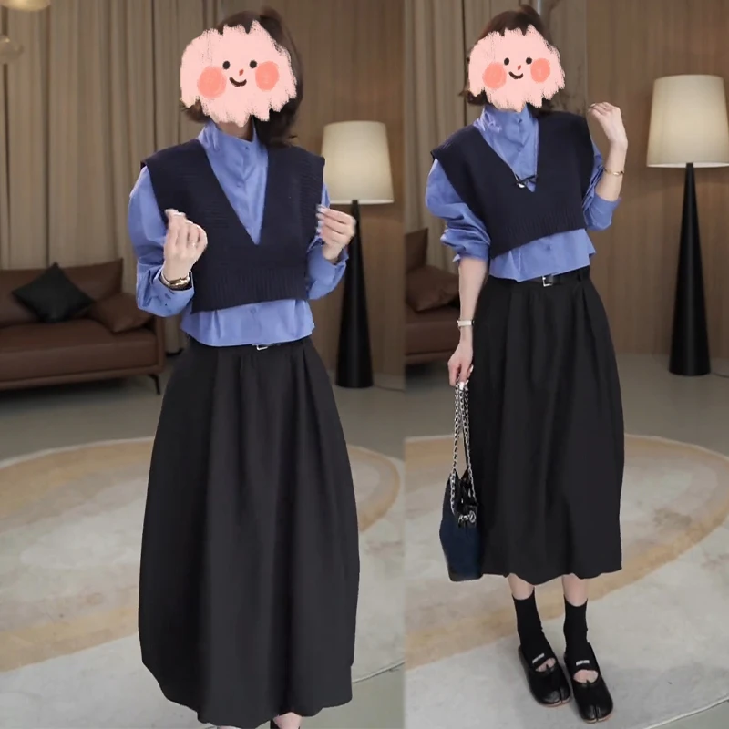 法式复古穿搭套装宽松POLO领衬衫叠穿无袖针织马甲搭配高腰半身裙