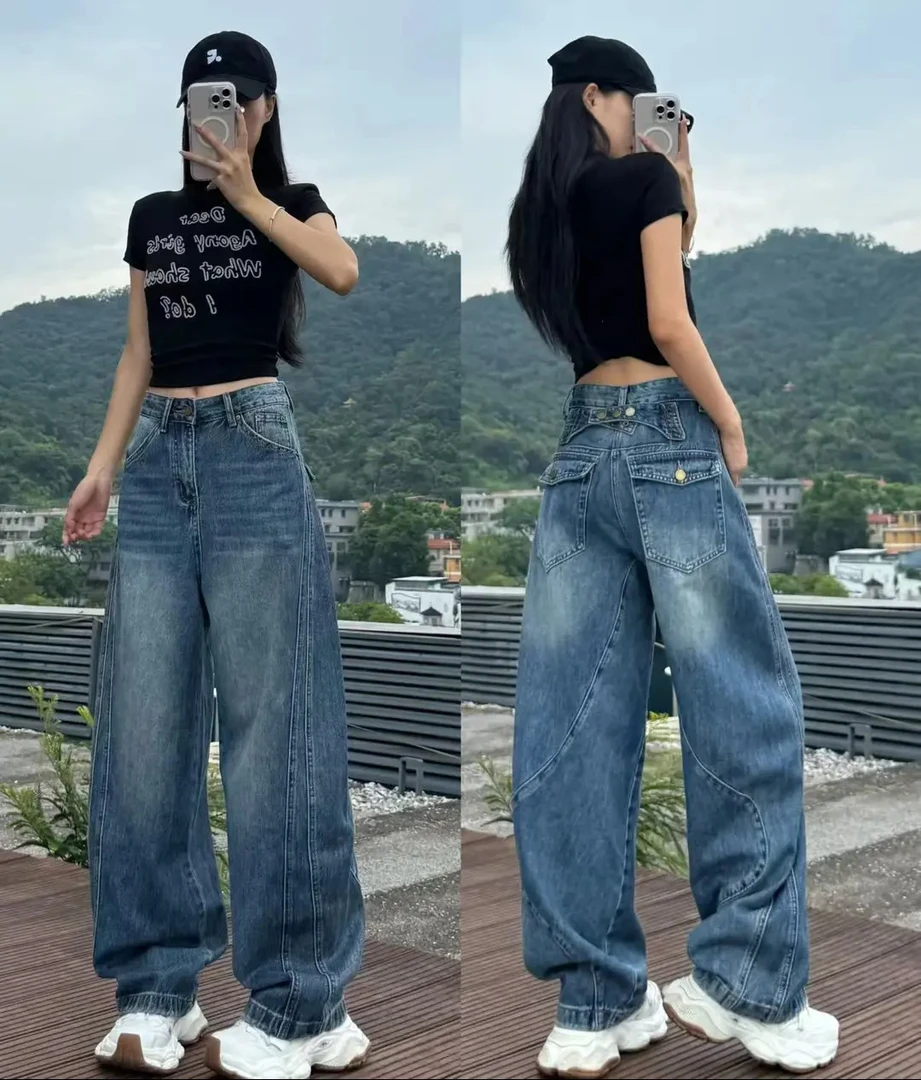 早秋新款复古高腰显瘦大码阔腿水洗弯刀牛仔裤