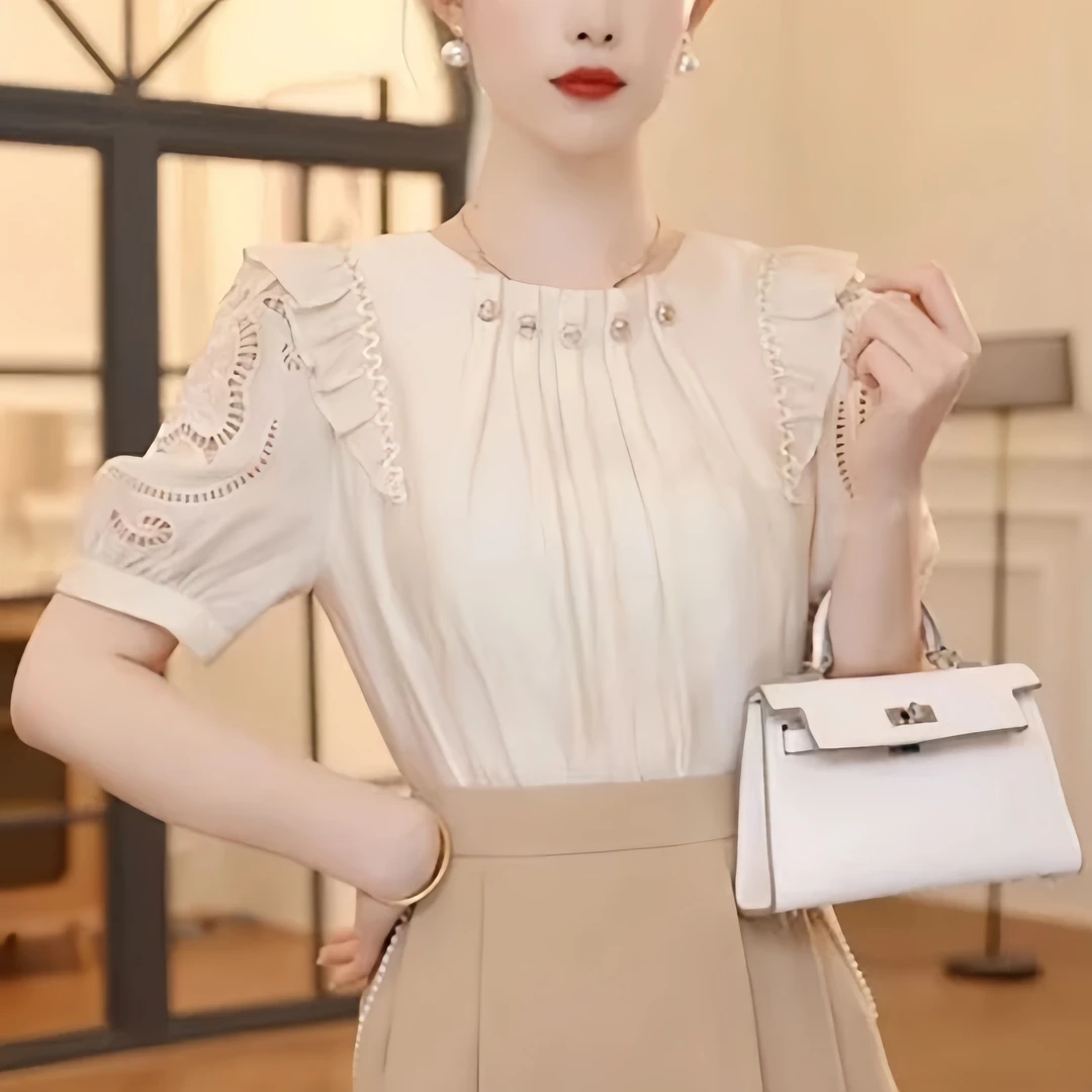 法式圆领短袖雪纺衬衫女夏季新款高级感重工钉珠刺绣小衫别致上衣