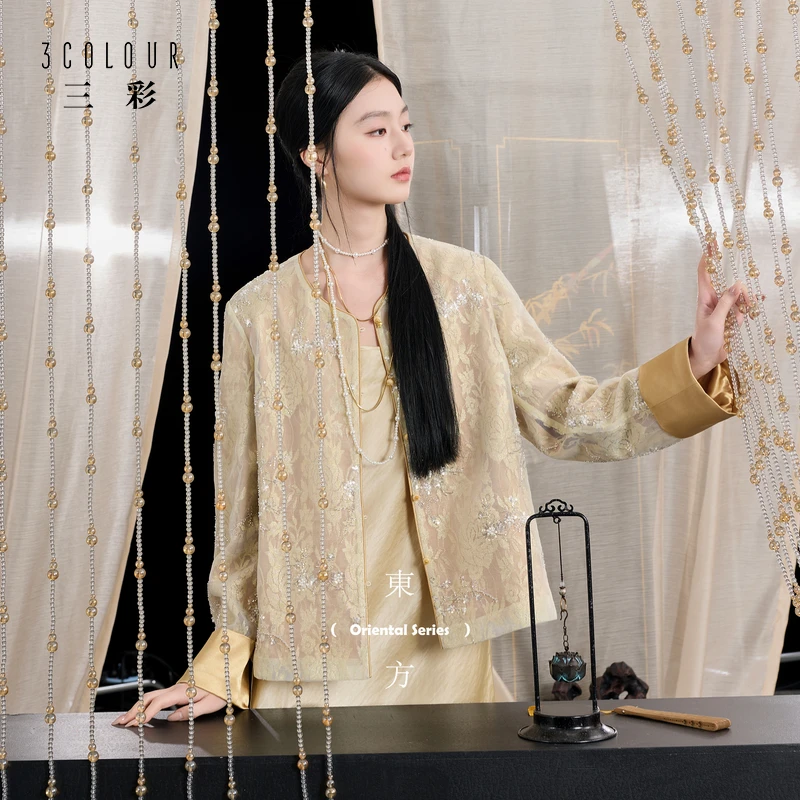 三彩【柔金碎影】2025秋季新款珠片绣花外套圆领开衫重工上衣女C