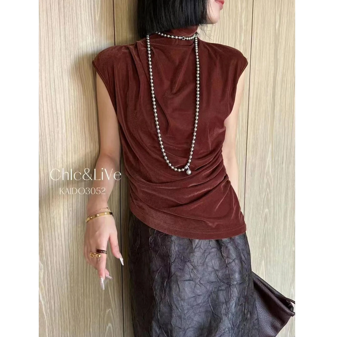 KIKI严选：24021-丽家欧洲站南油秋季新款高级感褶皱高领丝绒背心