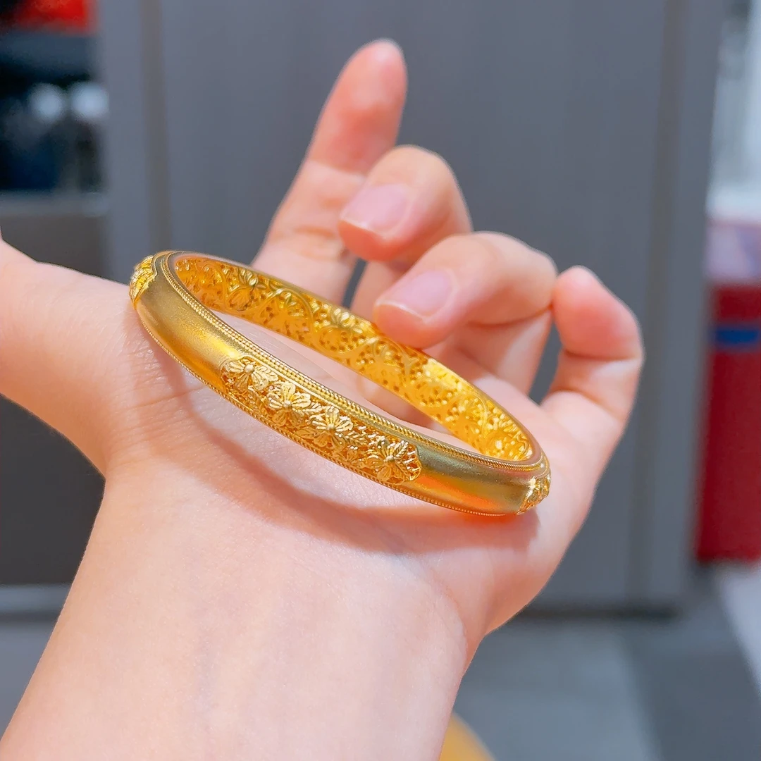 【铭记】足金999 古法桃花花丝泥鳅背足金手镯 厚壁中空