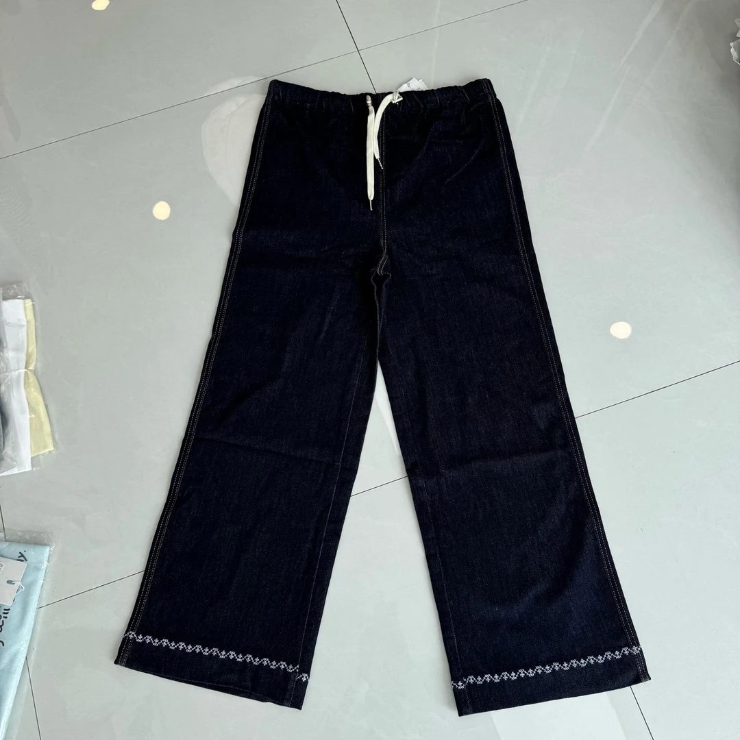 刺绣花边牛仔阔腿裤 25810孕妇抽绳牛仔裤孕妈