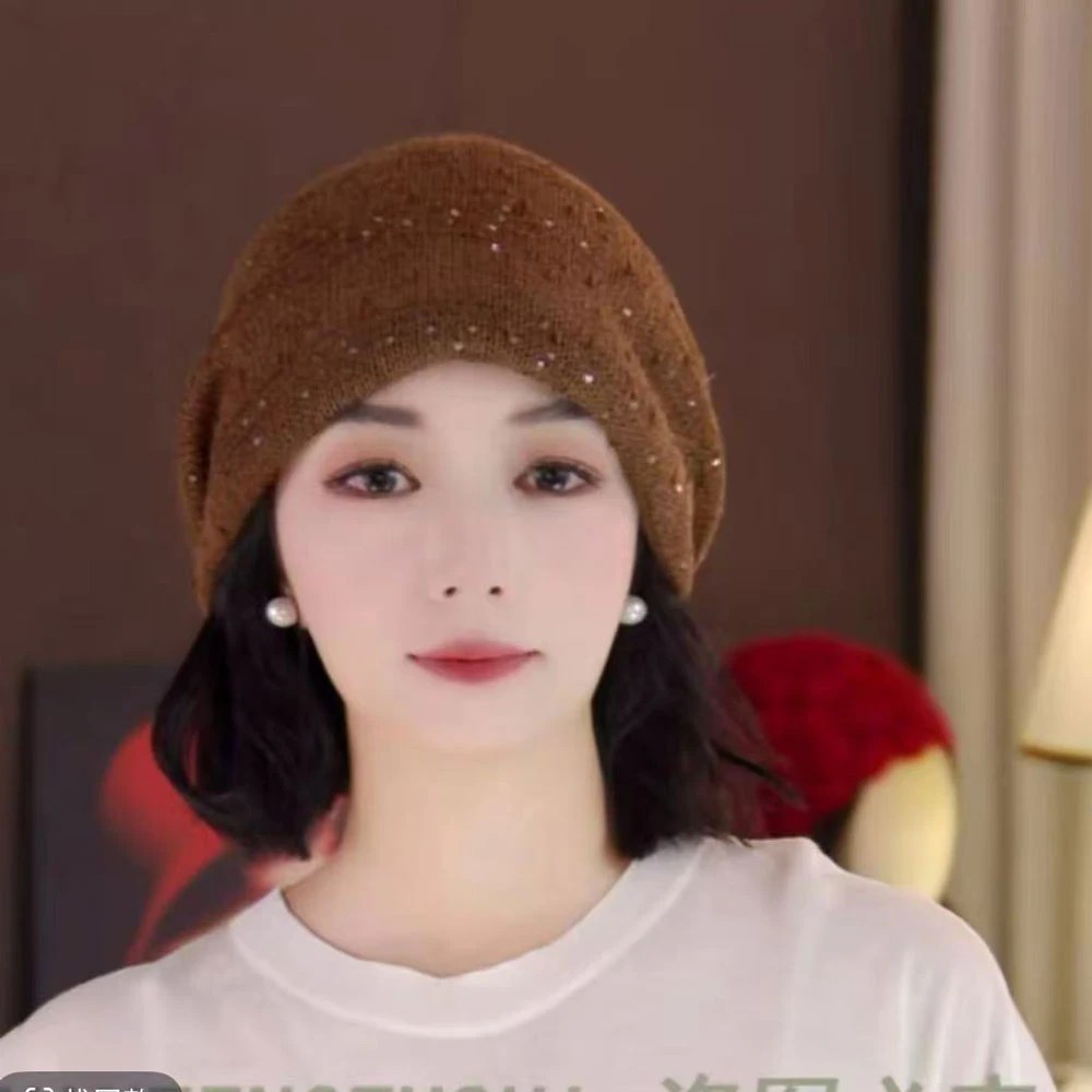 秋冬季新款亮片堆堆帽子女宽松遮白发显脸小百搭针织贝雷帽包头帽