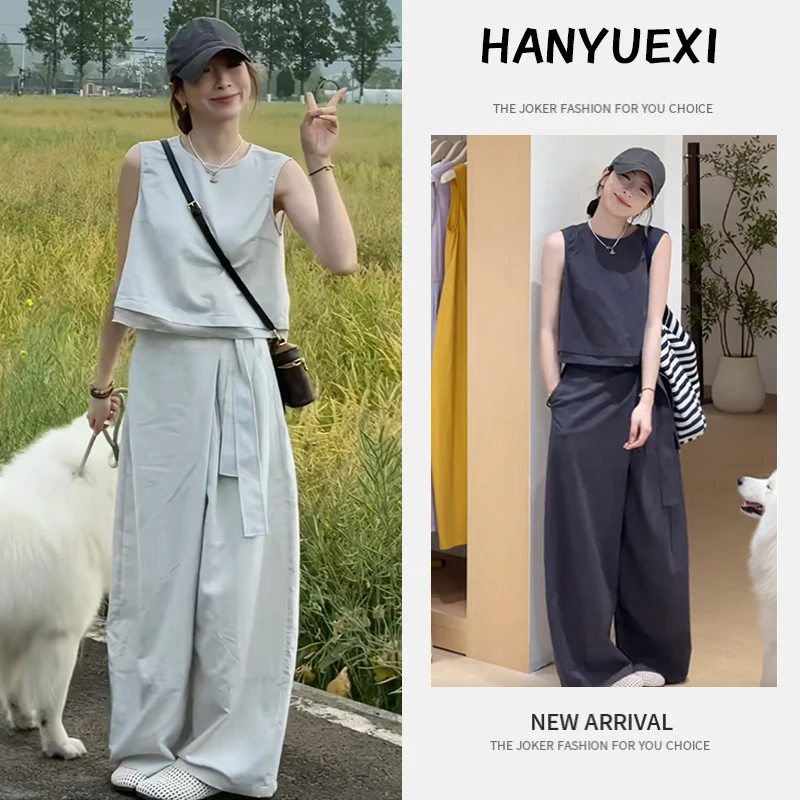 夏季气质一整套2025新款洋气圆领无袖衬衫高腰显瘦阔腿裤两件套装