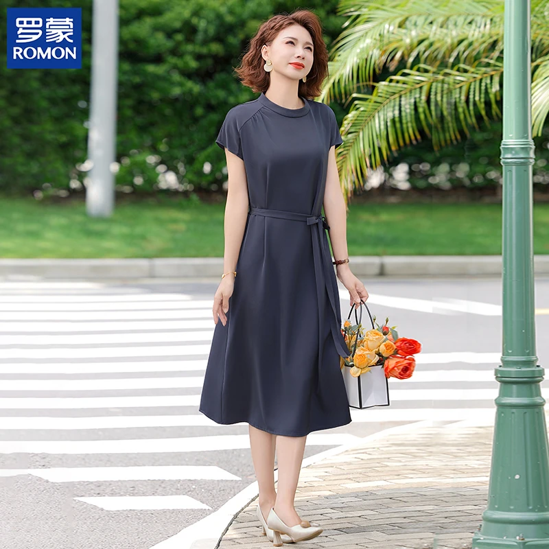 罗蒙时尚妈妈夏装纯色减龄长裙中年短袖裙子中老年女装气质连衣裙