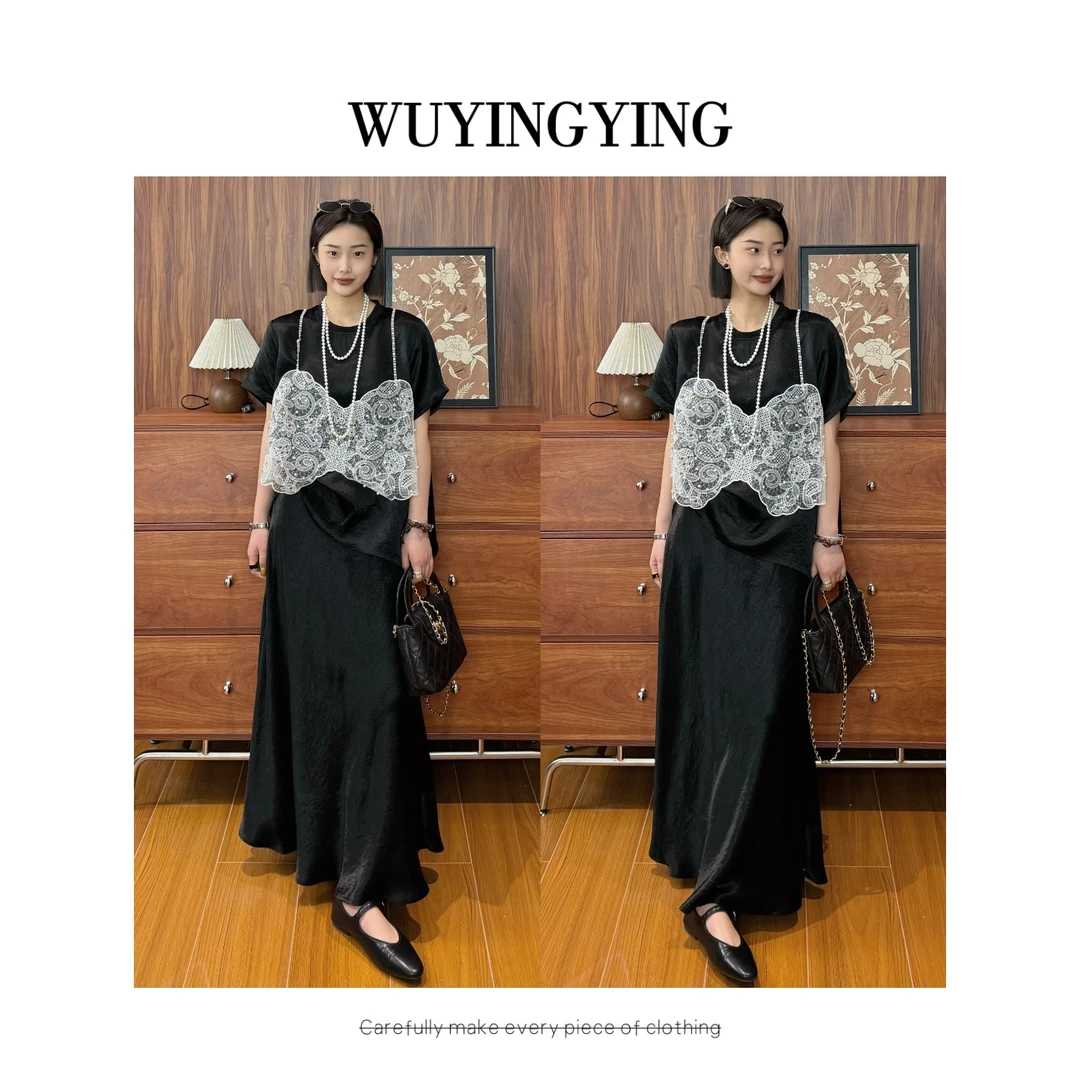 WUYINGYING【心上恋人】欧货假两件蕾丝拼接设计上衣+半身裙套装