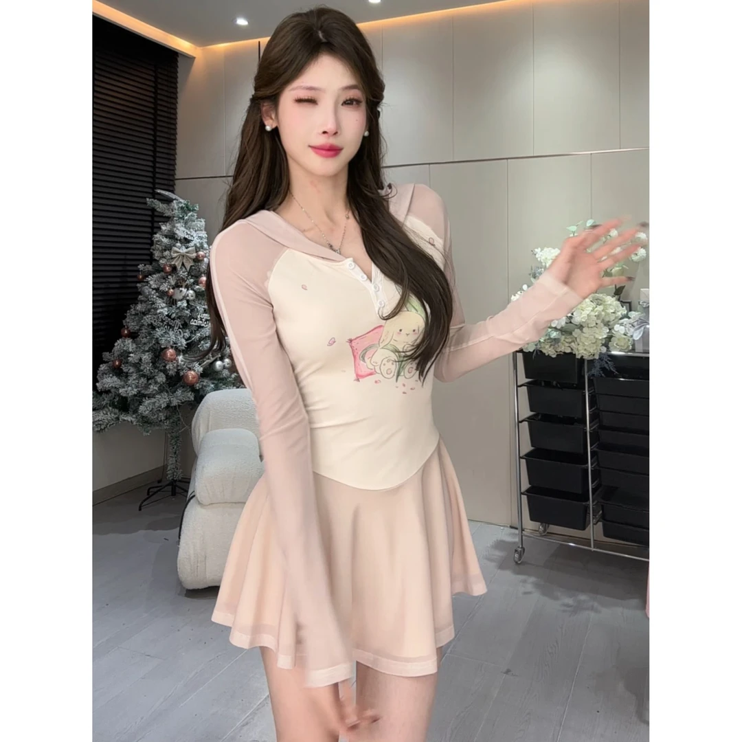 【水稻推荐】少女感印花带帽纽扣显瘦甜美长袖连衣裙LZQ92-6