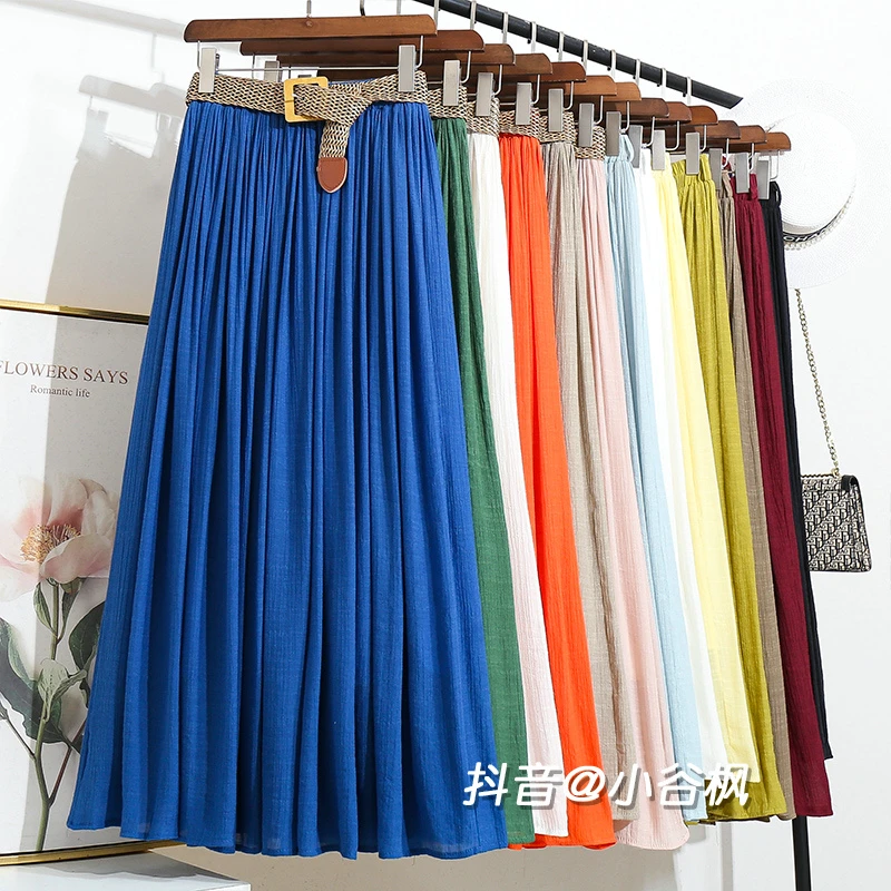 夏天薄款垂感大摆仿棉麻长款半身裙女夏2025新款高腰显瘦A字长裙