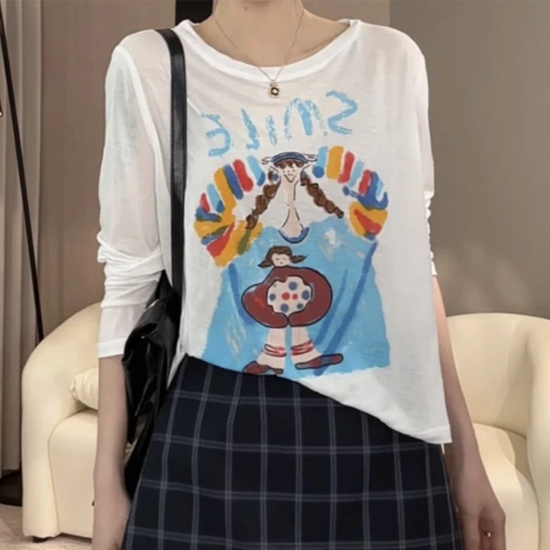 夏季冰感涂鸦女孩防晒衫女小众百搭宽松软糯慵懒休闲显瘦长袖T恤