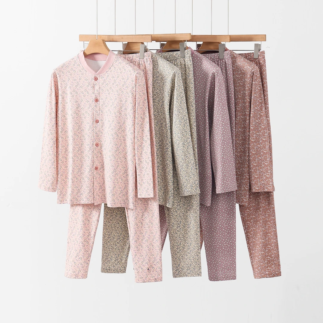 秋满花开衫秋衣家居服中老年女纯棉开衫秋衣秋裤开襟家居服针织