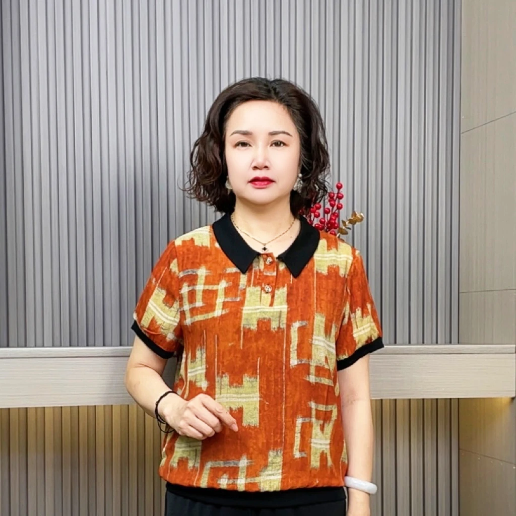 薄款时尚短袖纽扣翻领常规中老年女装上衣夏季时尚妈妈装显瘦小衫