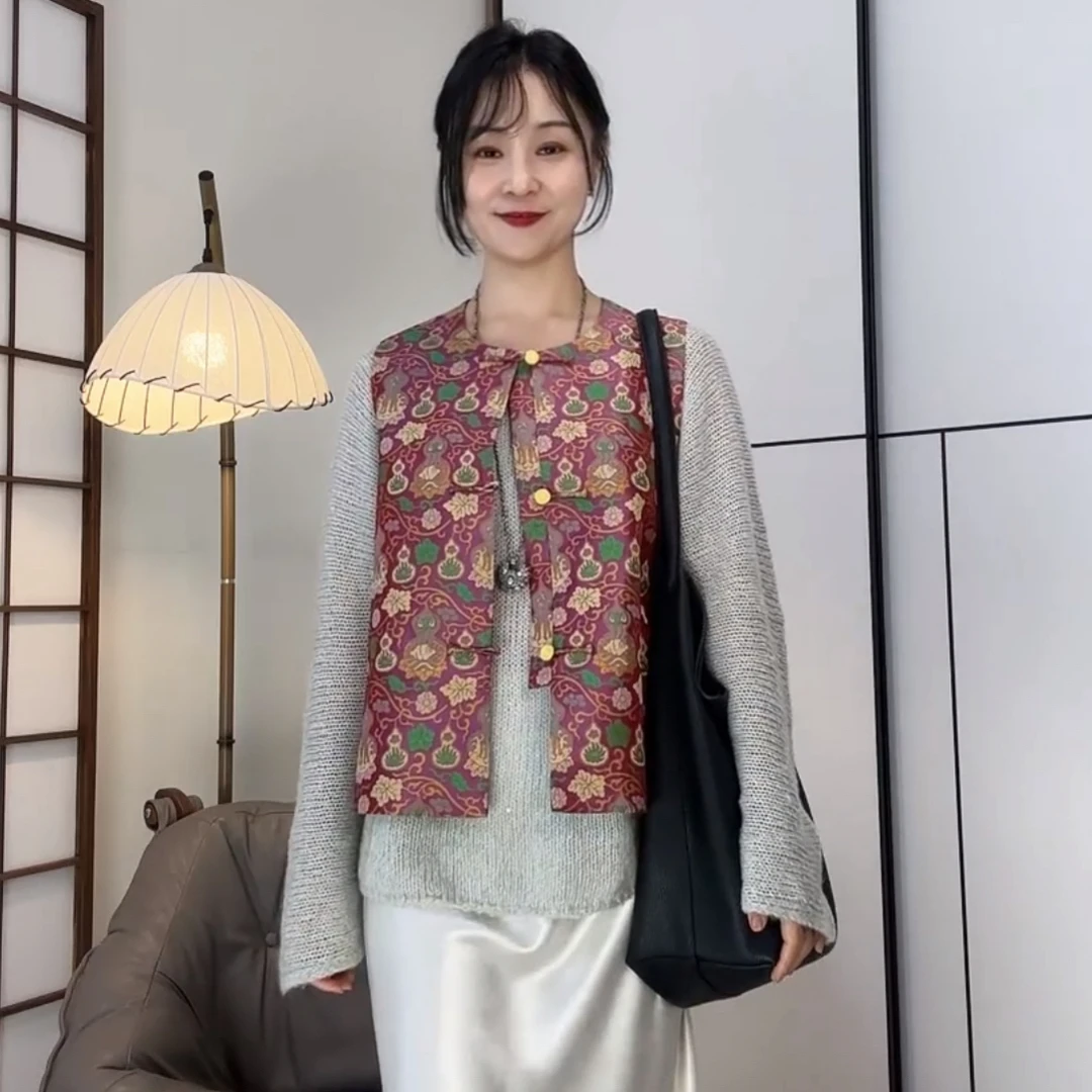 100%桑蚕丝蜀锦马甲*福寿葫芦*100%桑蚕丝里衬