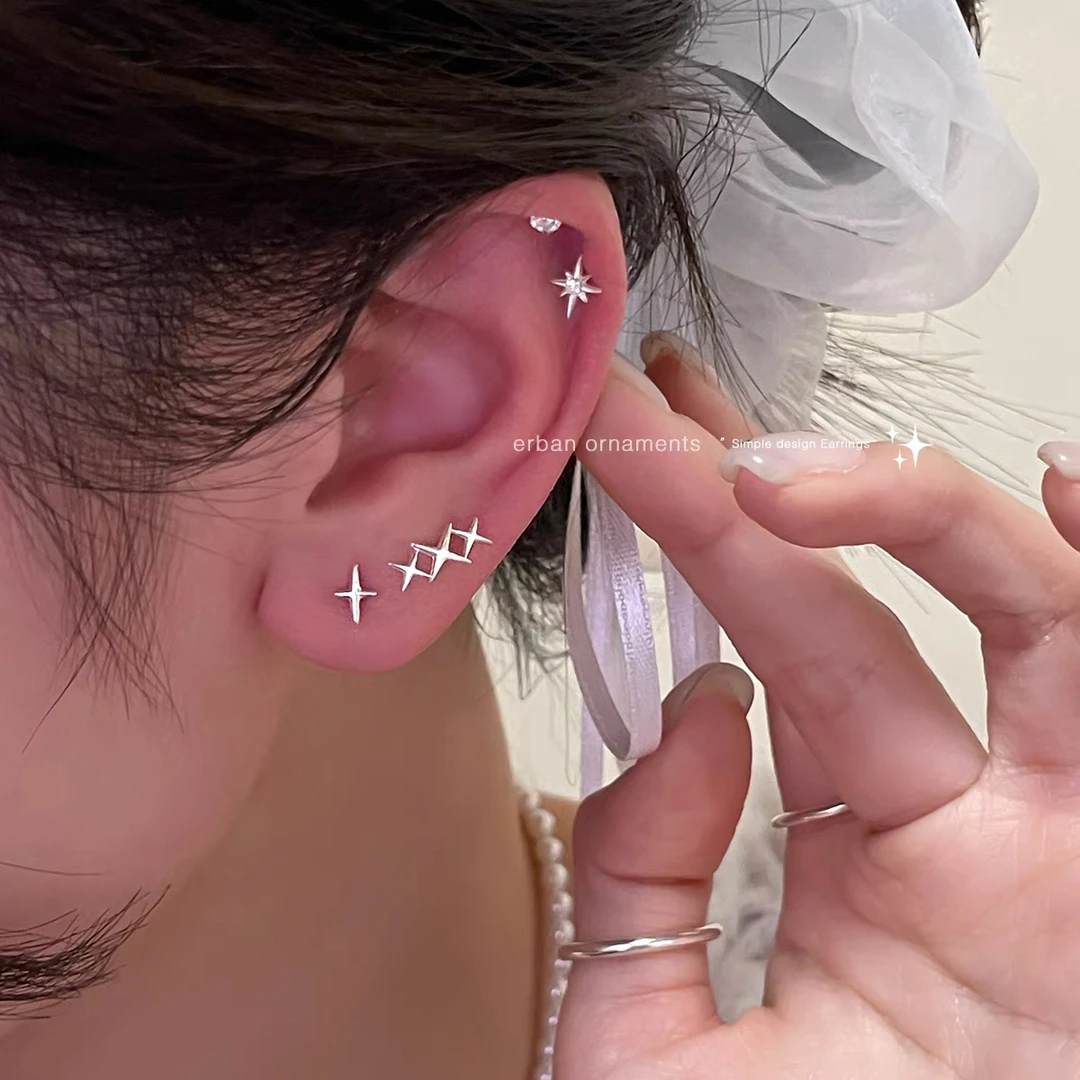 铜合金锆石耳饰 925银针四芒星耳钉小众设计高级耳环耳骨钉耳饰女