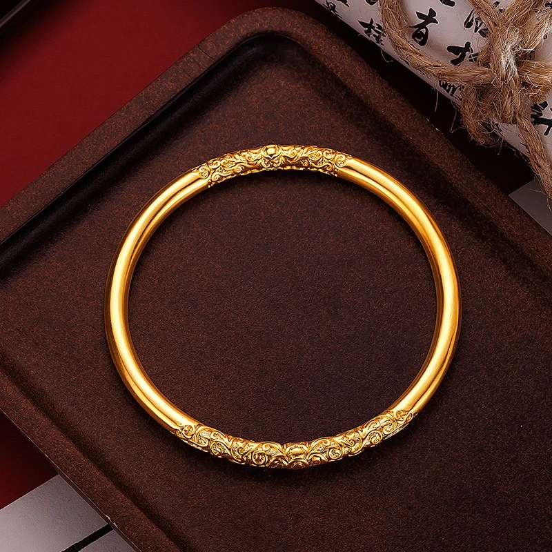 铜合金手镯 古法紫荆花卷草纹传承手镯 雕花素圈手镯