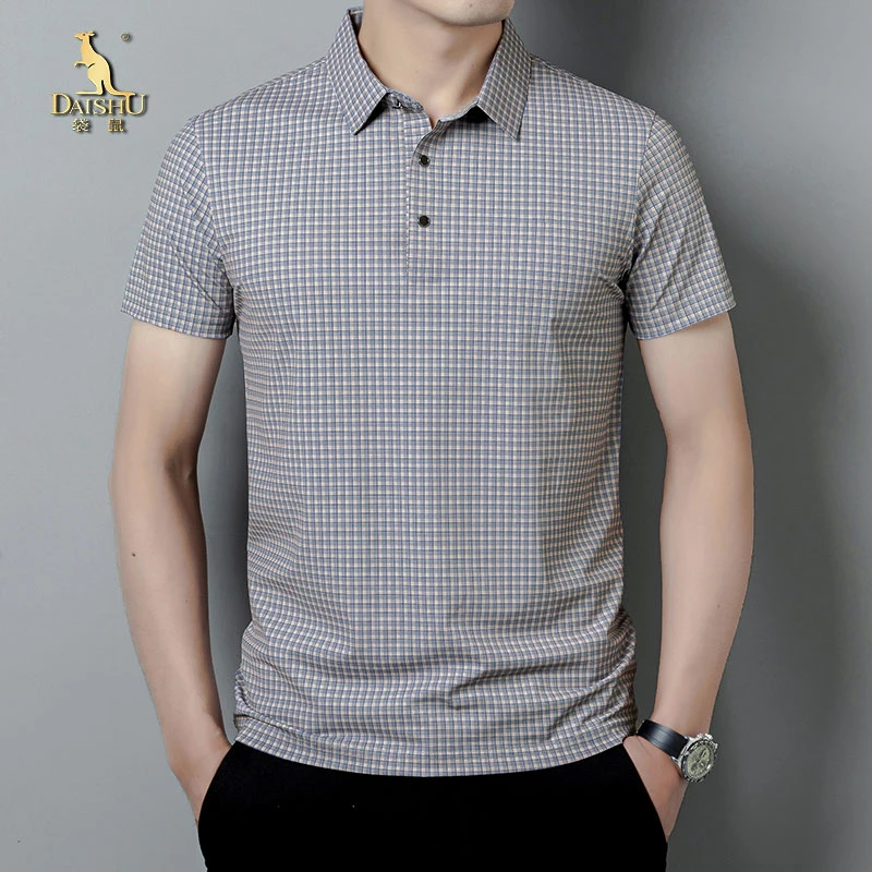 Dai Shu/袋鼠男士夏季冰丝短袖爸爸装翻领格子上衣polo衫
