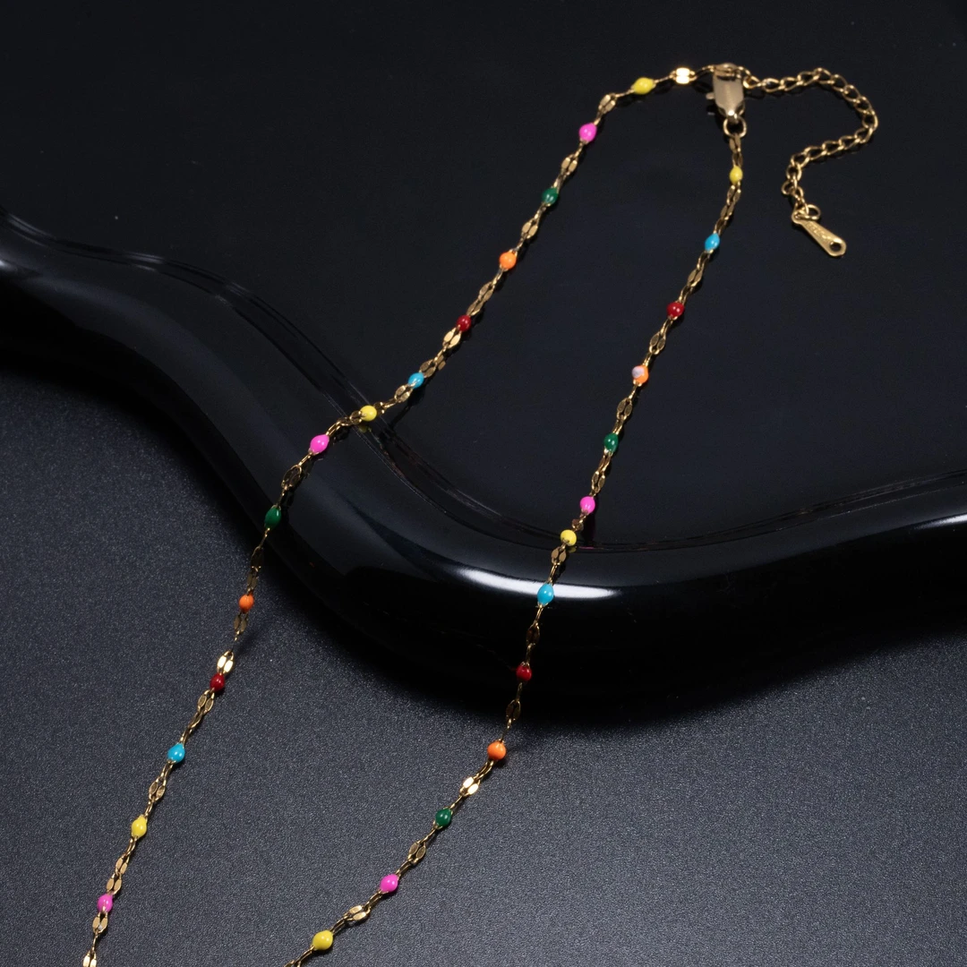 钛钢珐琅项链 可爱复古个性滴油珐琅素款项链GX00907D-2