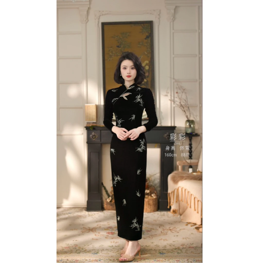彩彩家【空谷幽兰】冬季新款收腰修身中式竹子图案遮肉设计改良旗袍