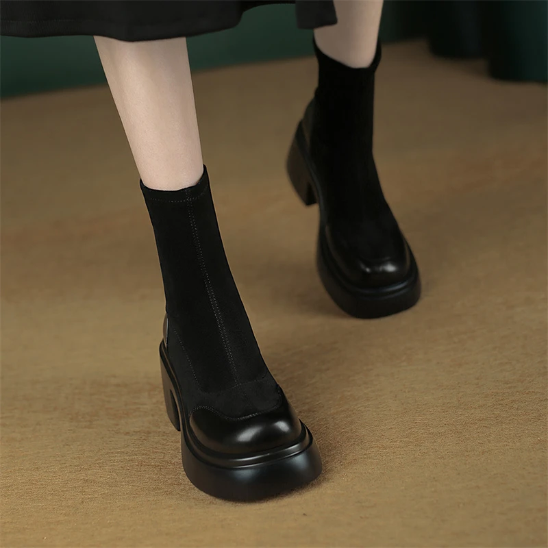 FOXER/金狐狸新款短筒圆头英伦风粗跟瘦瘦靴厚底百搭弹力短靴-W