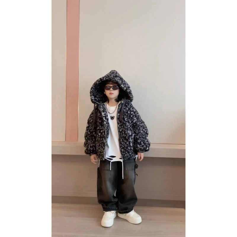 五乐乐家儿童韩系童装冬款豹纹毛毛保暖连帽外套棉袄男孩女孩