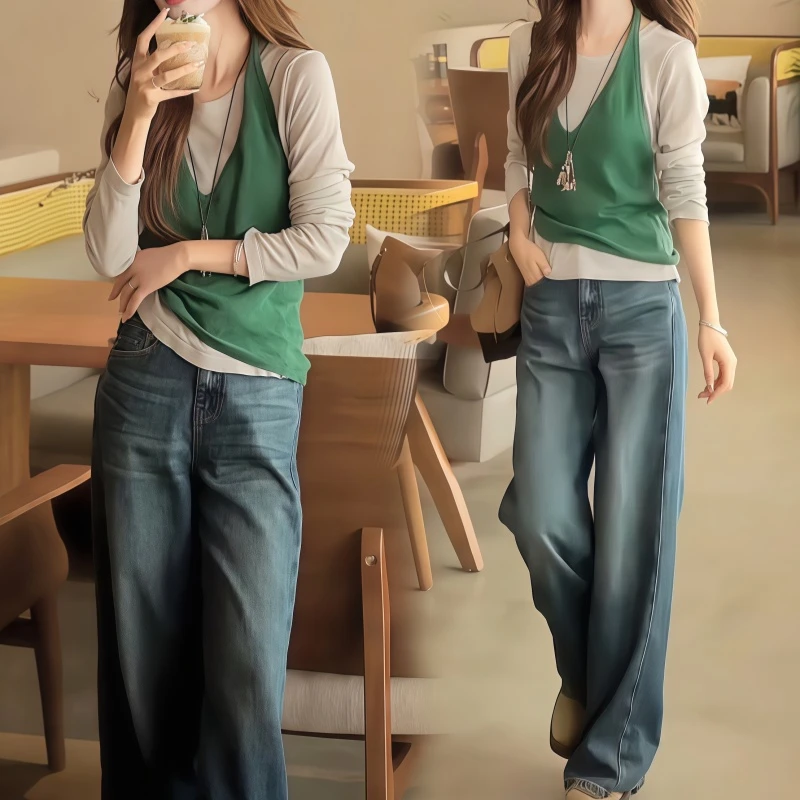 罗芬面料故事旗舰店女装秋季撞色叠穿真两件针织衫搭配显瘦牛仔裤