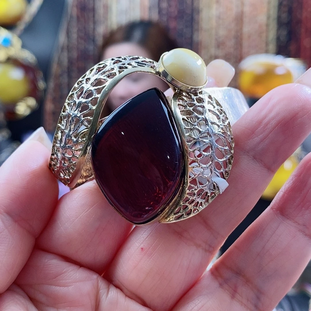 银S925镶嵌琥珀手镯手镯