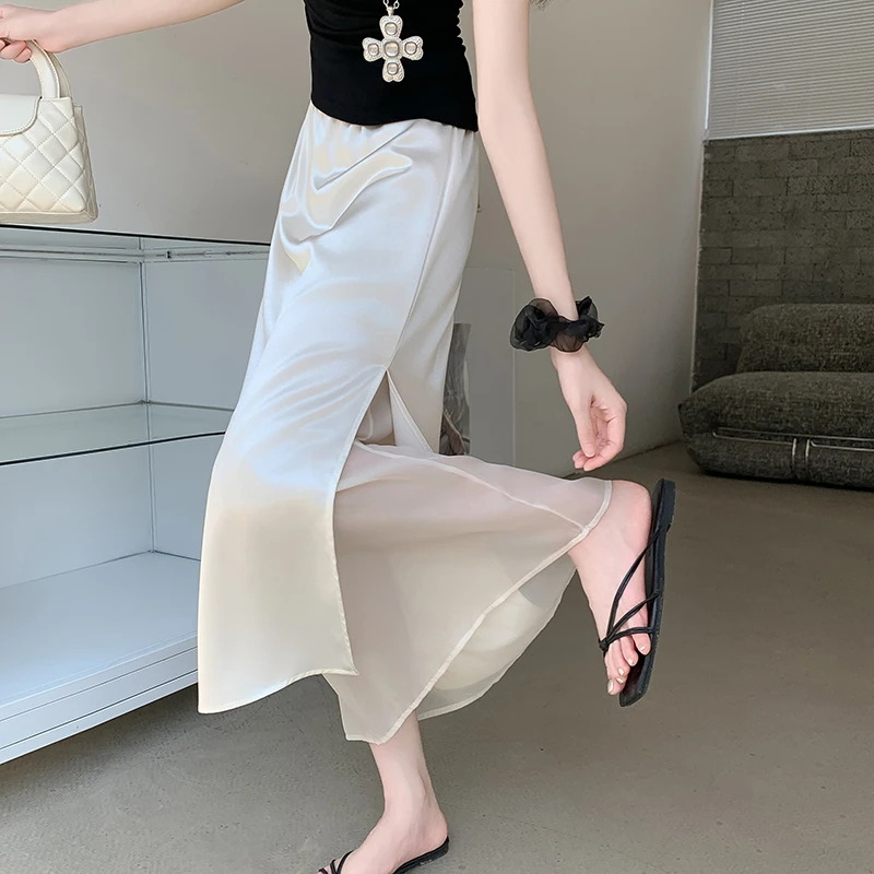 醋酸缎面2025新款网纱拼接半身裙女夏薄款休闲长裙高腰气质A字裙