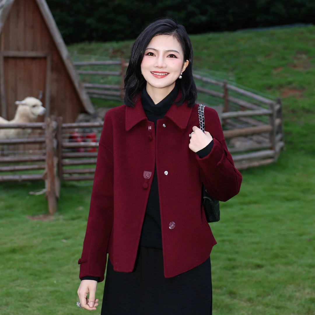 枫竺阿楠anan翻领四合扣双面呢羊毛短大衣女秋冬百搭通勤毛呢外套