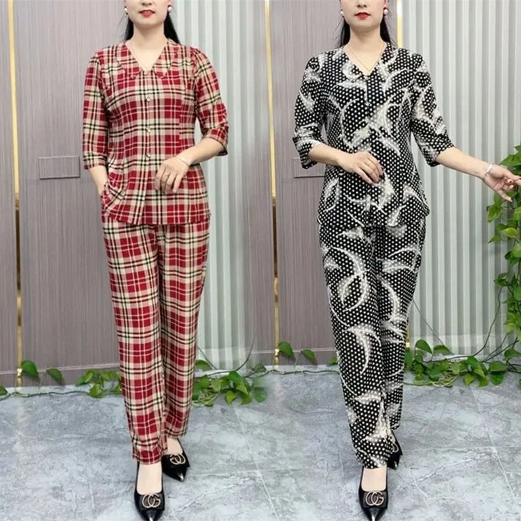 妈妈装夏季新款冰丝中袖套装中老年上衣+裤子两件套